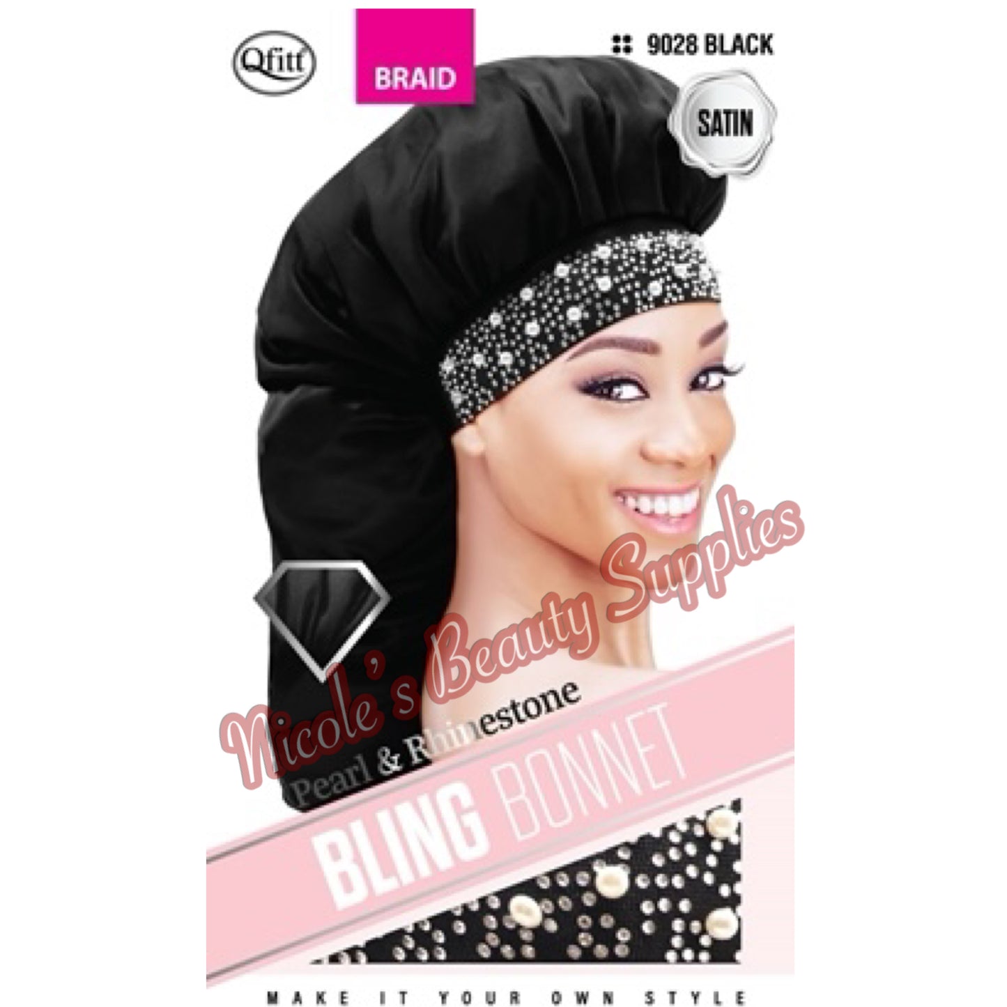 Qfitt braid Pearl & rhinestone bling bonnet